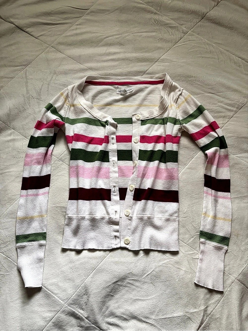 Aeropostale Striped Cardigan in White & Green Size XS